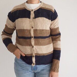 Vintage Christopher & Banks Navy Taupe Cotton Blend Button Cardigan Sweater M